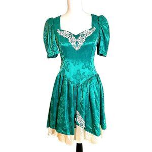 Vintage 1980s Handmade Teal Green Floral Brocade Dress Puff Sleeves Lace Small